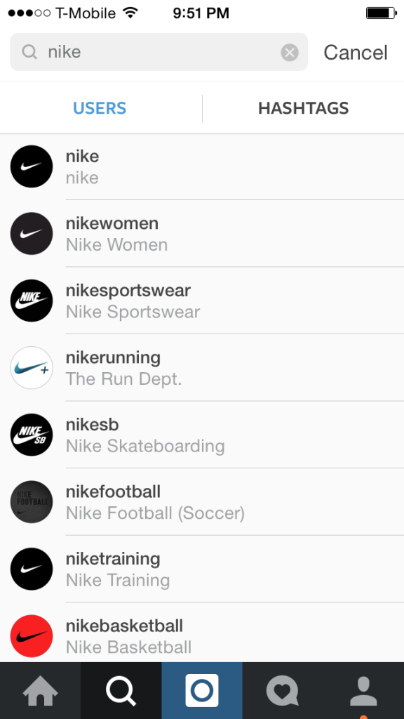Nike logos are simple and can still be easily recognized in social media apps on mobile phones