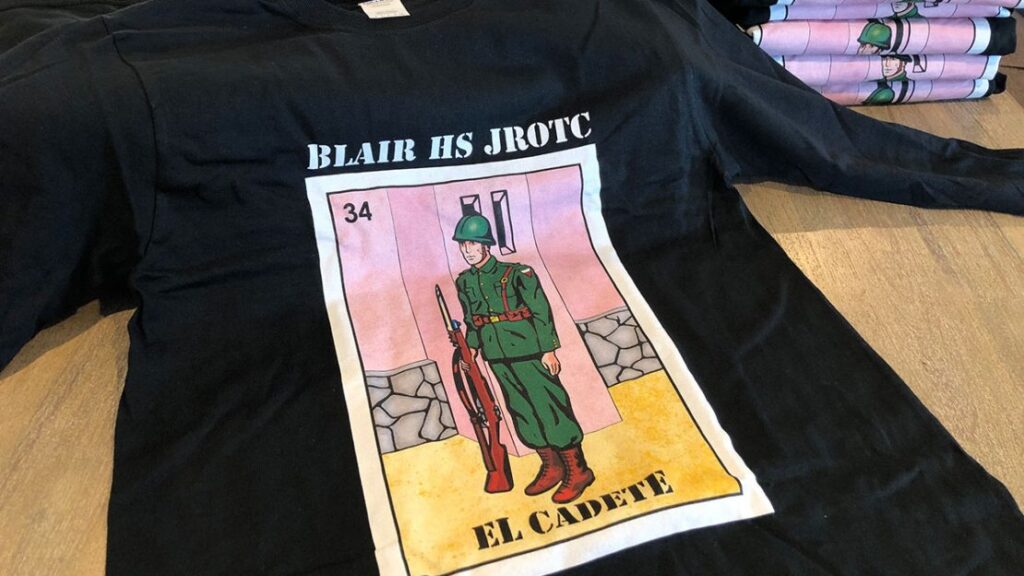 Black cotton t-shirt with full color printing