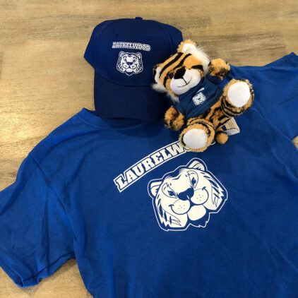 laurelwood elementary fundraier hat, stuffed tiger and t-shirt