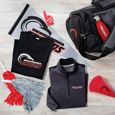 sports team fan gear with t-shirt, pennant, duffel bag and water bottle