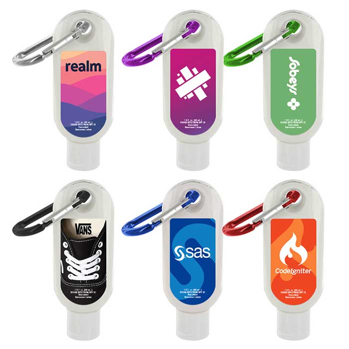 sunscreen with colorful carabiner